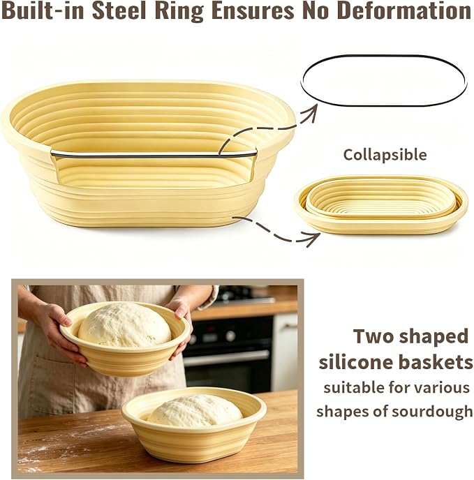 Sourdough Starter Kit, Collapsible Silicone Banneton Basket Set, Round & Oval Bread Proofing Bowl, BPA Free Food Grade Baking Supplies, Non-Stick Oven Dishwasher Safe Tools for Beginner Bakers
