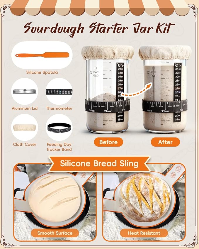 Complete Sourdough Starter Kit with Manual | Easy to Clean for Beginners | Sourdough Bread Baking Supplies with Round Bread Proofing Basket, Bread Sling, Starter Jar, Dough Whisk, Scrapers, Bag