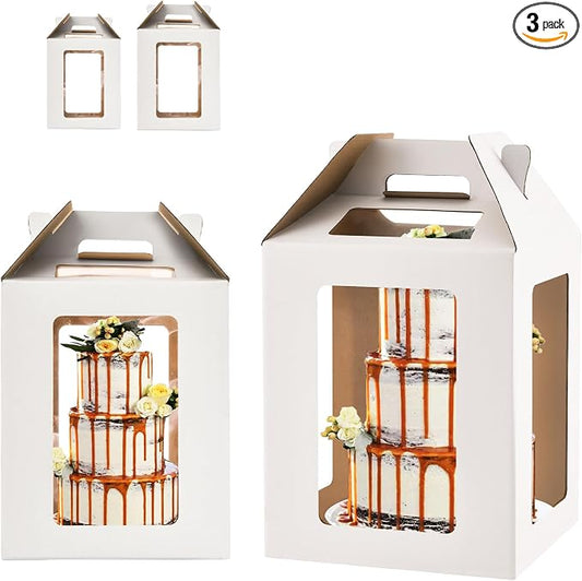 Tall Cake Box with Windows, 10x10x12 & 12x12x14 inches, Large Tiered Cake Boxes，Cake Carrier Container Set for 10 & 12 inch Cakes, White, 2 Pack