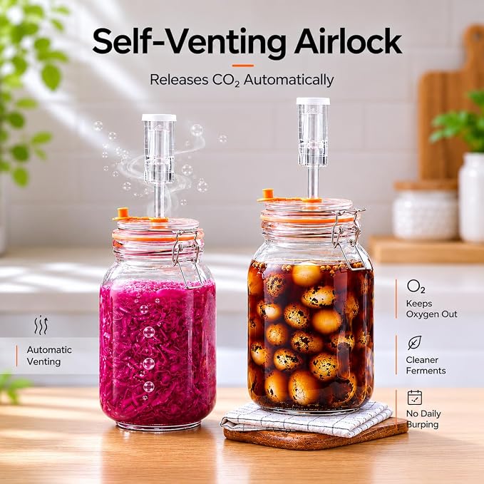 Fermenting Jars, 1.5L Fermentation Kit With Glass Weights, 2-Pack | Wide-Mouth 2L Glass Jar With Self-Venting Airlock, Ideal For Sauerkraut, Kimchi, Pickles And Other Homemade Ferments
