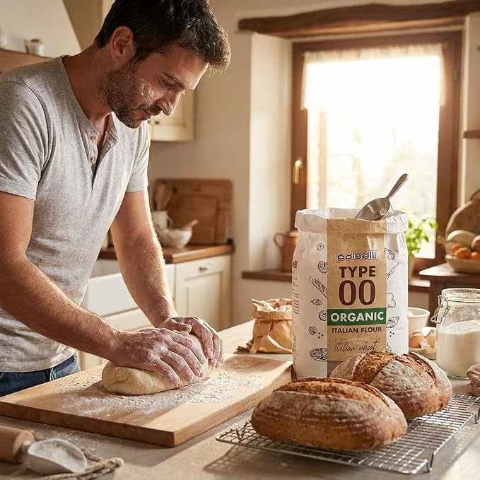 POLSELLI Organic Flour, Type 00, 100% Italian Grain Double Zero Flour, 5 kg | Extra Fine "00", Organic Wheat Flour For Neapolitan Pizza, Pasta And Bread; All-Natural, Unbleached, Unbromated, No Additives