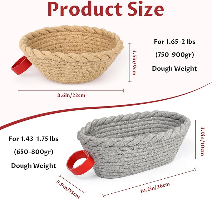 Cotton Rope Banneton Bread Proofing Basket Set, 10" Oval & 9" Round Baskets with Liners & Covers for Perfect Artisan & Sourdough Bread Baking at Home