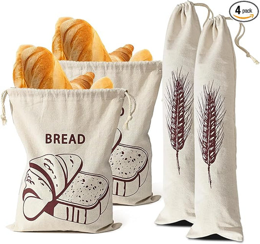 4-Pack Reusable Bread Bags for Homemade Storage, 2-Size Drawstring Pouches (5.9x25.6 & 11.8x15.7 Inch) - Washable Fabric with Secure Closure, Ideal for Sourdough, Artisan Loaves & Gift Packaging