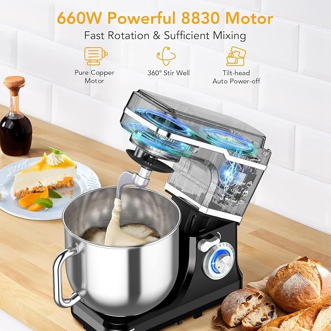 GarveeLife 7.5QT Stand Mixer, 10-Speed Tilt-Head Electric Food Mixer with Stainless Steel Bowl, 660W Motor, Dough Hook, Whisk & Beater, Compact Design for Home Baking,Black