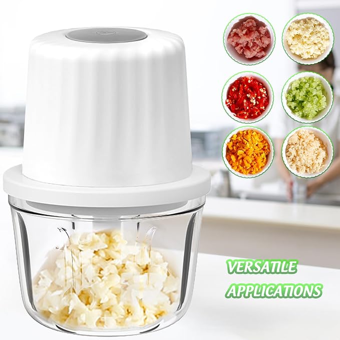 Mini Electric Garlic Chopper 300ML GLASS Food Processor Cordless | Type-C Rechargeable Mincer for Vegetables Puree, Stainless Steel Blades, BPA Free, with Scraper Splash Guard Charging Cord