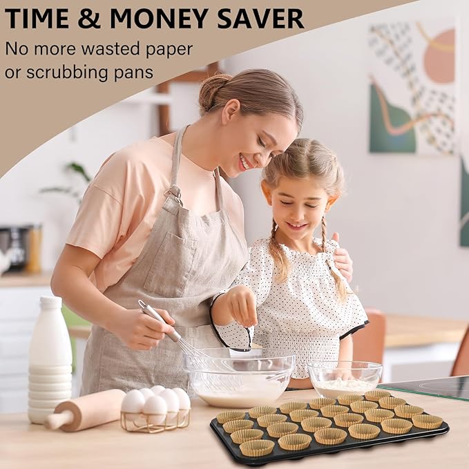 2 Pack Mini Muffin Pan includes 1000 Natural Cupcake Liners, Mini Cupcake Pans Muffin Tin Nonstick 24 Cup, Carbon Steel Baking Pans Tray Baking Supplies
