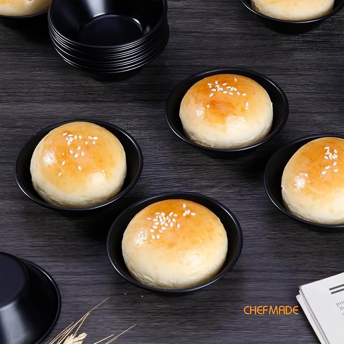 CHEFMADE Mini Egg Tart Pan Set, Non-Stick 3 Inch 12Pcs Round Tart Molds for Baking, Mini Baking Pans for Egg Tarts, Cupcakes, Quiche, Oven & Air Fryer Safe (Black)