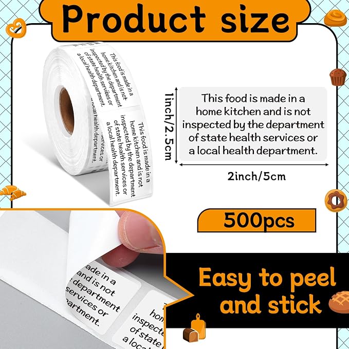 Marspark 500 Count Cottage Food Law Labels Stickers Made in A Home Kitchen Inspection Statement Thermal Printed Labels for Home Kitchen(2 x 1 Inch)