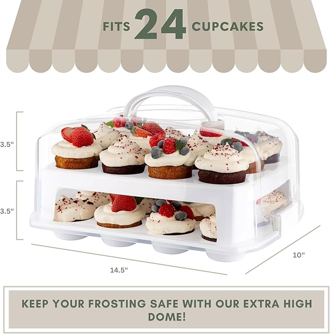 EXTRA TALL DOME Cupcake Carrier, White Cupcake Holder Carries 24 Cupcake Storage Container, Muffin Traveler Two Tier Stand Reusable Cupcake Box