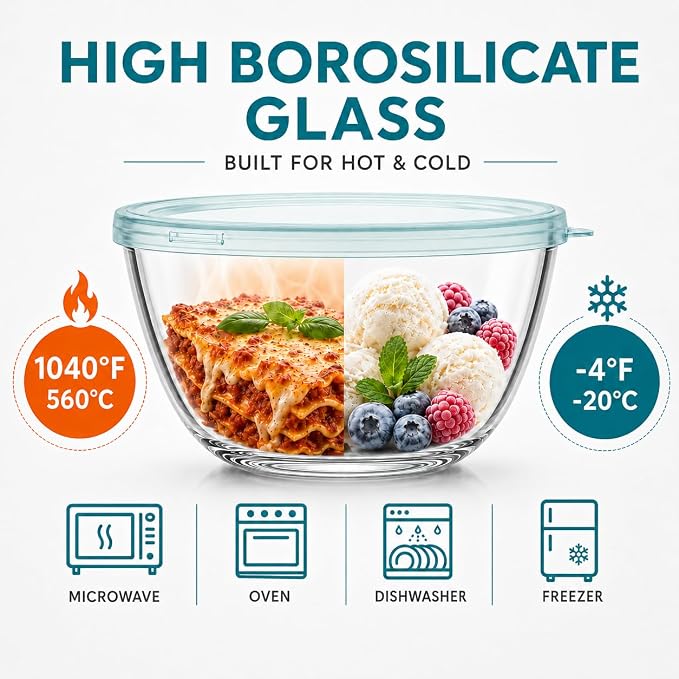 Luvan Glass Mixing Bowls with Lids Set(4.5QT, 2.7QT, 1.1QT)-Large Glass Mixing Bowls, Clear Salad Bowl for Baking, Cooking, Serving, Food Prep, 3PC Nesting Bowls for Kitchen Storage & Dishwasher Safe