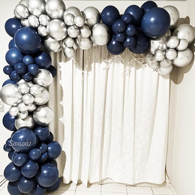 Blue And Silver Balloon Arch Kit, Blue Silver Balloons Garland Arch Kit With Star Foil Balloon, Dark Navy Balloons For Boy Men Birthday Party Wedding Anniversary Graduation Baby Shower