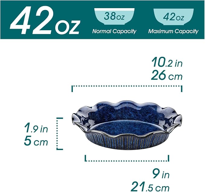 vancasso Ceramic Pie Pan for Baking, 9 inch Deep Pie Plates for Apple Pie, Pot Pie, Tart and Quiche, Reactive Glaze Fluted Pie Pans, Large Pie Dish with Ruffled Edge, Blue, STERN Series