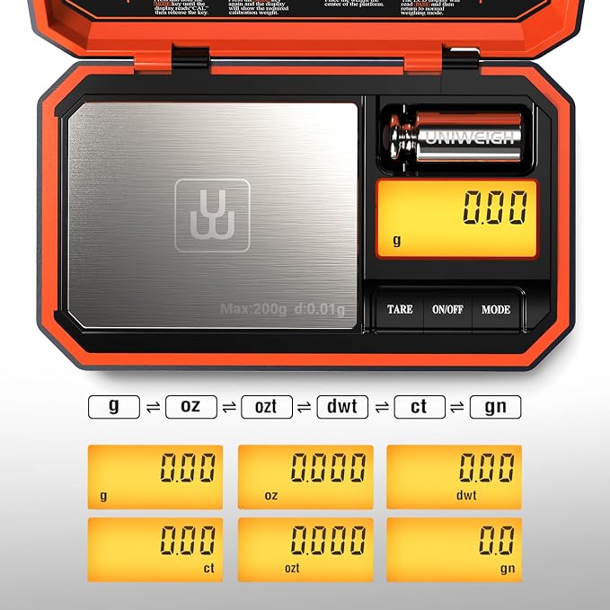 UNIWEIGH Digital Pocket Scale 200g/0.01g, Digital Scale Grams,6 Units Conversion Jewelry Scales,Coins Scale with LCD Display,Tare Function for Food,Powder,Small Items(Battery Included)-Orange