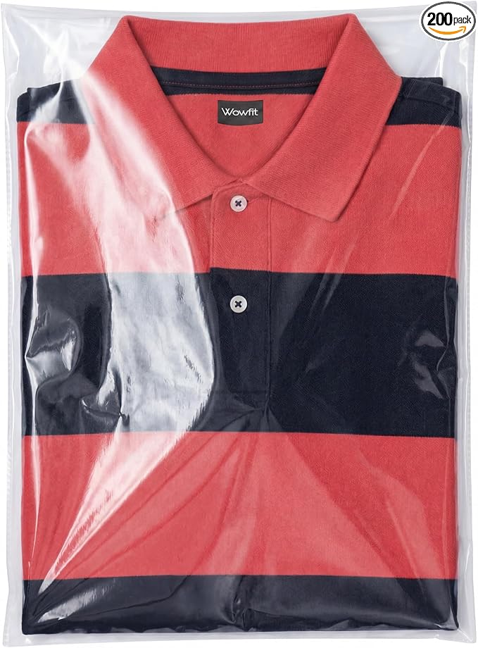 Wowfit 200 Count 10x13 Inch Clear Cellophane Plastic Bags, Resealable Self-Sealing Cello Bags Great for Clothes, Shirts, Pants, Foods, Flyers, More (10 x 13 with Reinforced Sides)