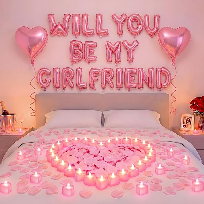 Will You Be My Girlfriend Balloon Proposal Decor 24 LED Flameless Tealight Heart Candle 2000 Artificial Rose Petals Love Balloon for Engagement Wedding Decor Romantic Special Night(Pink)