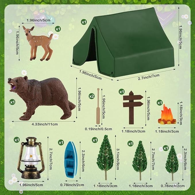 Hooqict 12 Pcs Camping Cake Decorations Set with Mini Tent, Campfire, Tree, Camp Sign, Safari Animals Camping Cake Toppers for Kids Adults Forest Themed Birthday Party Supplies