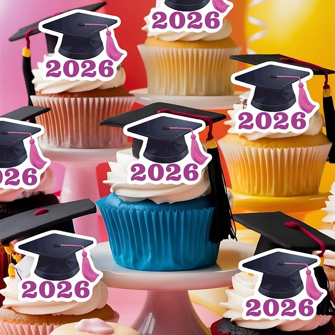 42pcs Edible Graduation Cap Cupcake Toppers Wafer Paper Pink Class of 2026 Cake Decorations Edible Grad Cap Cupcake Picks for 2026 Graduation Theme Party Cake Decor Supplies