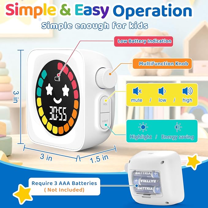 Visual Timer for Kids, 99 Minute Digital Cute Kids Visual Timer Classroom Timer for Homeschool Supplies Study Teaching Time Management Tool Countdown Productivity Timer, White, Colorful Display