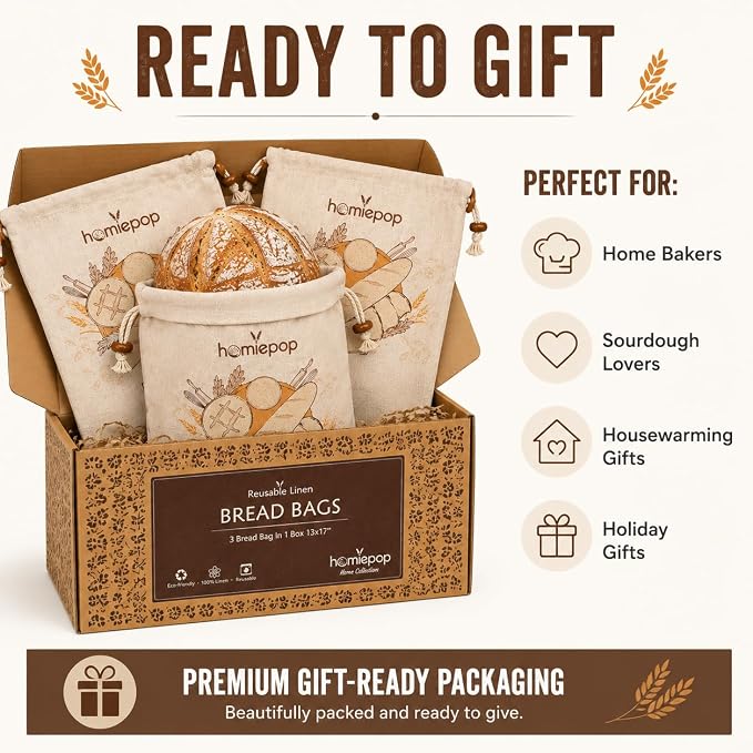 3 Pack Bread Bags for Homemade Bread – Reusable Linen Bread Storage Bags with Food-Safe Inner Lining, Keeps Bread Fresh Longer, Large 17 x 13 Inch Sourdough Bread Bags, Washable, Gift Box Included
