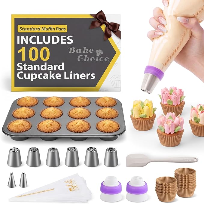 Bake Choice Cupcake Pan for Baking, 132 PCS Muffin Pan Kit with Cupcake Liners, Scraper, Pastry Bags, Coupler, Russian Piping Tips Set, Muffin Tin Nonstick 12 Cup Baking Supplies