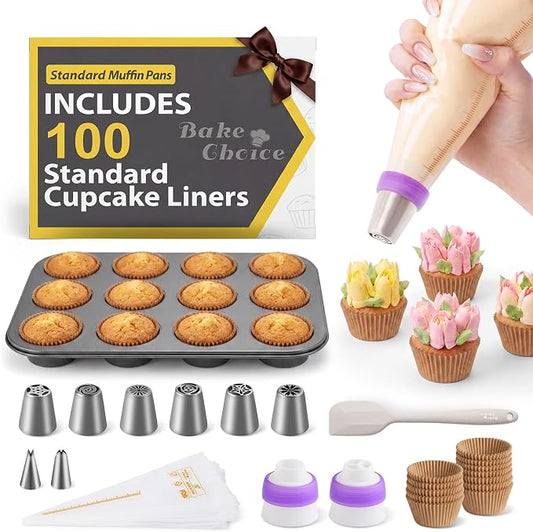 Bake Choice Cupcake Pan for Baking, 132 PCS Muffin Pan Kit with Cupcake Liners, Scraper, Pastry Bags, Coupler, Russian Piping Tips Set, Muffin Tin Nonstick 12 Cup Baking Supplies