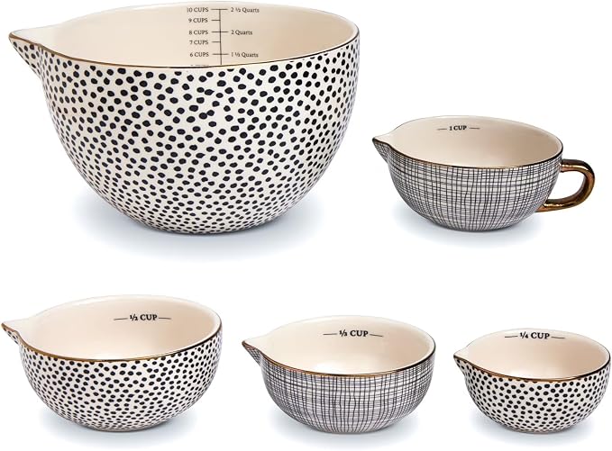 Ceramic Mixing Bowl Set – 5-Piece Measuring & Serving Bowls with Large Mixing Bowl, 1/4 to 1 Cup Measures, Geometric Dot Pattern for Baking, Cooking & Food Prep