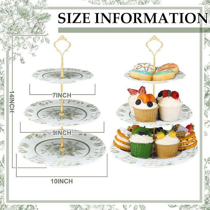 Lallisa Sage Green Floral 3 Tier Dessert Stand 10", 9" and 7" Ceramic Vintage Chinoiserie Tea Party Tiered Tray Cupcake Stand Display Holder Tower for Wedding Baby Shower Bridal Shower Tea Party