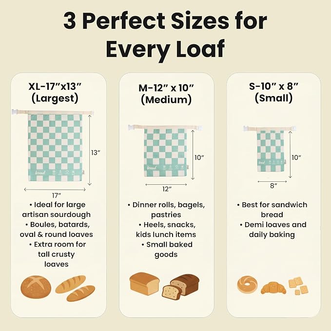 3-Pack Premium Reusable Beeswax Bread Bags (XL, M, S) - Organic Cotton Beeswax Bread Storage Bag for Homemade Bread & Sourdough Freezer-Safe, Breathable & Freshness Support - Eco-Friendly Bread Bag