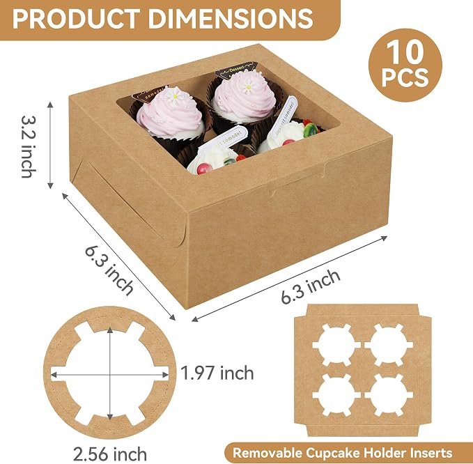 10-Set Cupcake Boxes Bulk with Clear Display Window Hold 4 Standard Cupcakes, Disposable Food Grade Brown Cupcake Carrier Cupcake Container, Perfect for Cupcakes Muffins Cookies Pastries