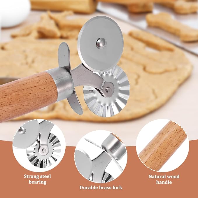SHANGSKY Pastry Cutter Wheel, Ravioli Cutter Wheel with Long Wooden Handle, Pasta Cutter Dumpling Lace Making Noodle Ruffled Edge Cookies Pie Cutter Kitchen Dough Cutting Tool (Dual Wheel)