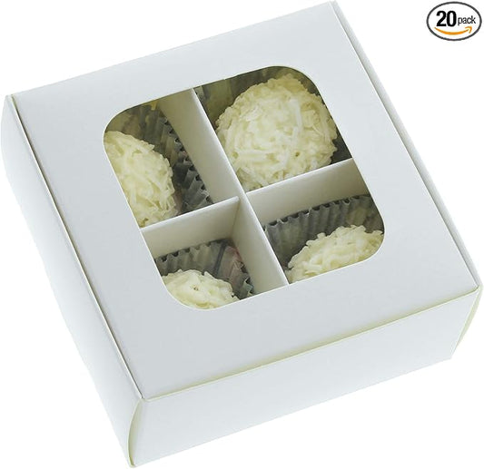 Treat Boxes - 20 ct 3.5 x 3.5 x 1.6 in Bakery Boxes with Windows and Dividers for Candy, Cookies, Cupcakes, or Bakery Desserts - Chocolate, Treats, and Baked Goods Packaging for Gifting