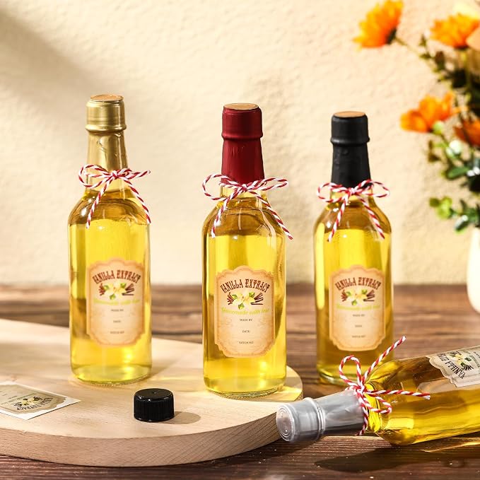 Tioncy 16 Pcs Empty Vanilla Extract Bottles for Homemade Vanilla Jar Glass Bottle with Cap, Shrink Band, Sticker DIY Crafts Wedding Gift Food Storage Canister for Bean(Multicolour,8.5 oz)