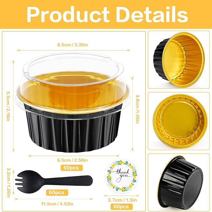 60Pcs Mini Cake Pans with Lids Aluminum Foil, ZOXILEN 5oz Disposable Mini Loaf pans with Lids Spoons, Round Small Baking Cups Pie Tins Cheesecake Containers for Party Black Gold