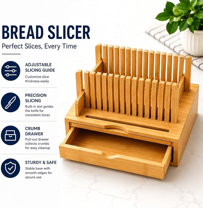 Bamboo Bread Slicer with Crumb Catcher Tray, Adjustable Slicing Guide and Knife Storage Drawer - Even Slice Loaf Cutter