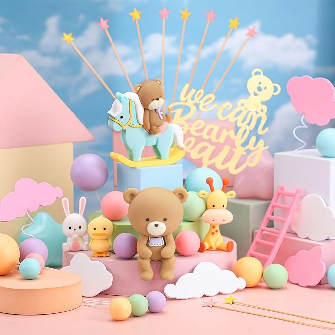 Yinder Bear Cake Toppers Mini Bear Cake Decorations Cake Toppers Gold White Pearl Ball for Birthday Party Decorations(Bright Color,Fresh Style)