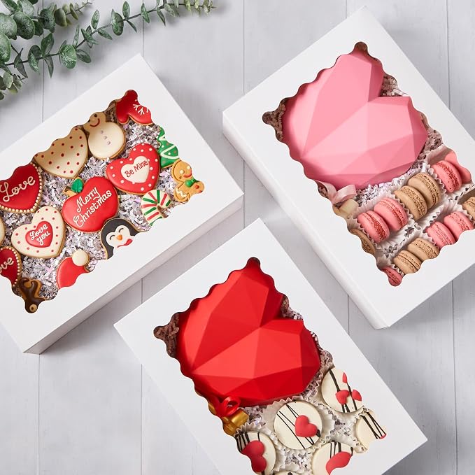 Ocmoiy 20 Pack Bakery Boxes, 12x8x2.5 Inch Cookie Boxes with Window, Auto-Popup Treat Box for Chocolate Covered Strawberries, Pastries, Donuts, Muffins, Breakable Hearts