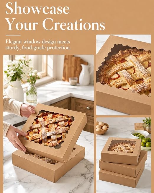 Bakepacker 120pcs Brown Pie Boxes 12"x 12"x 3" Easy Assemble Macaroon Cookie Boxes Bakery Boxes with Window for Bakery (Auto-pop Up)