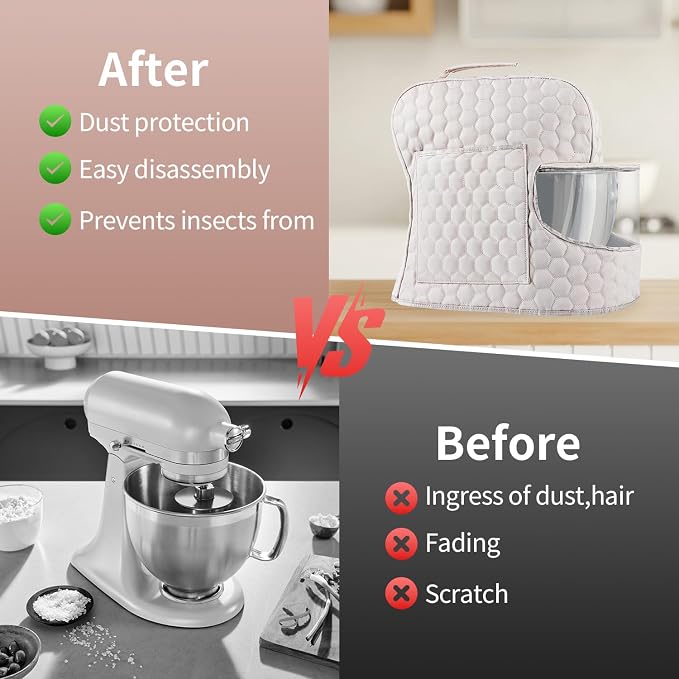 Stand Mixer Dust Cover Compatible with KitchenAid Mixer - Stand Mixer Cover Fits for 4.5/5 Quart, Storage Bag with 2 Pocket for Accessories and Attachments（Khaki, For 4.5- 5QT）
