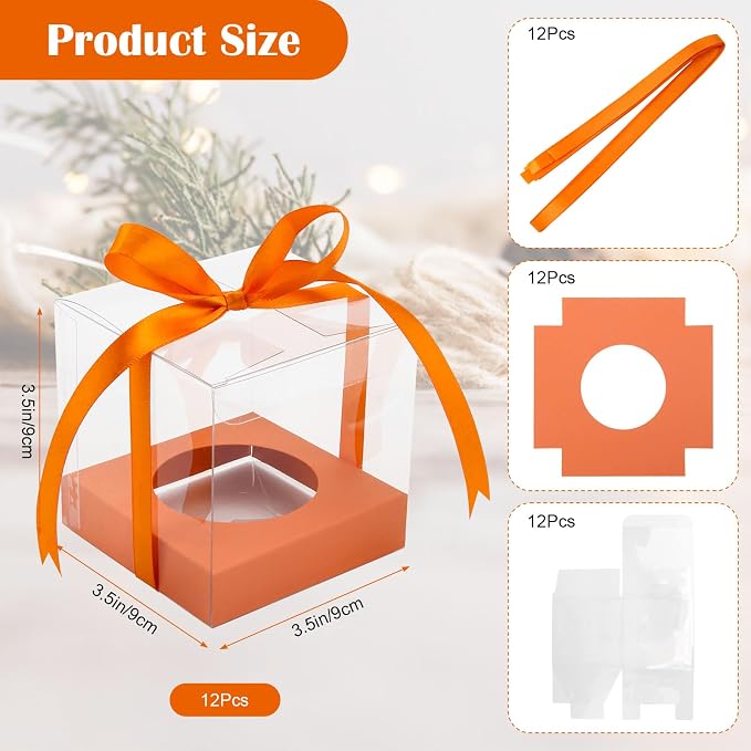 12 Pack Clear Plastic Cupcake Boxes, 3.5 Inch Gold Single Cupcake Containers Disposable Individual Cup Cake Carrier Holder Boxes with Inserts and Ribbon (Orange)