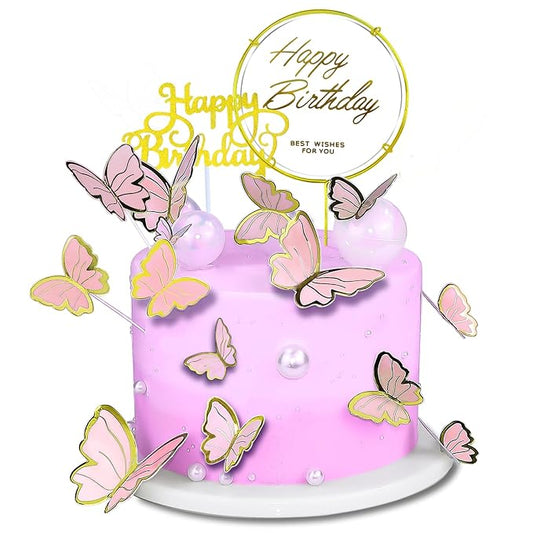 60Pcs Butterfly Cupcake Topper Pink Gold, Lively 3D Butterflies with 2Pcs Happy Birthday Topper for Cake Decor Birthday Anniversary Kids Wedding Girl Women Party Wall Food Decorations,Mixed Size