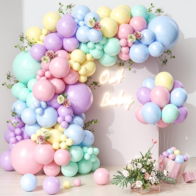 Pastel Rainbow Balloon Arch Garland Kit - 140pcs Different Sizes of Pastel Blue Yellow Purple Pink Balloons for Wedding Spring Macaron Easter Donut Ice Cream Birthday Party Decorations