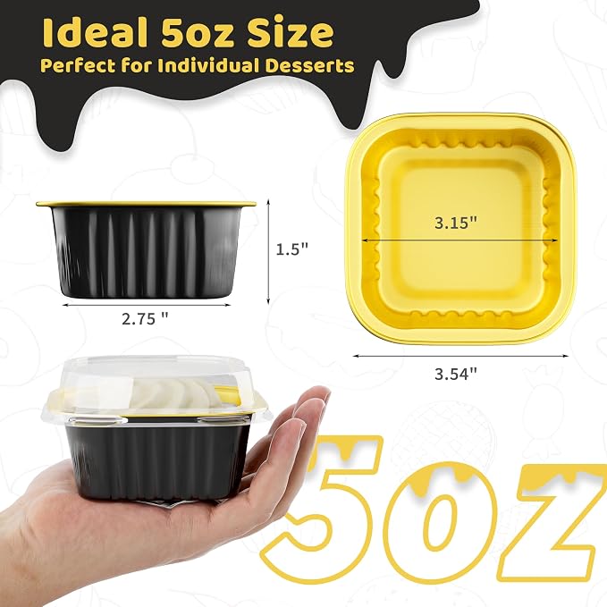 40 Pack 5 OZ Mini Cake Pans with Lids, Disposable Square Aluminum Foil Brownie Baking Cups, Mini Aluminum Foil Cupcake Muffin Tin Ramekins, Flan Molds Cake Containers for Wedding Birthday Party, Black