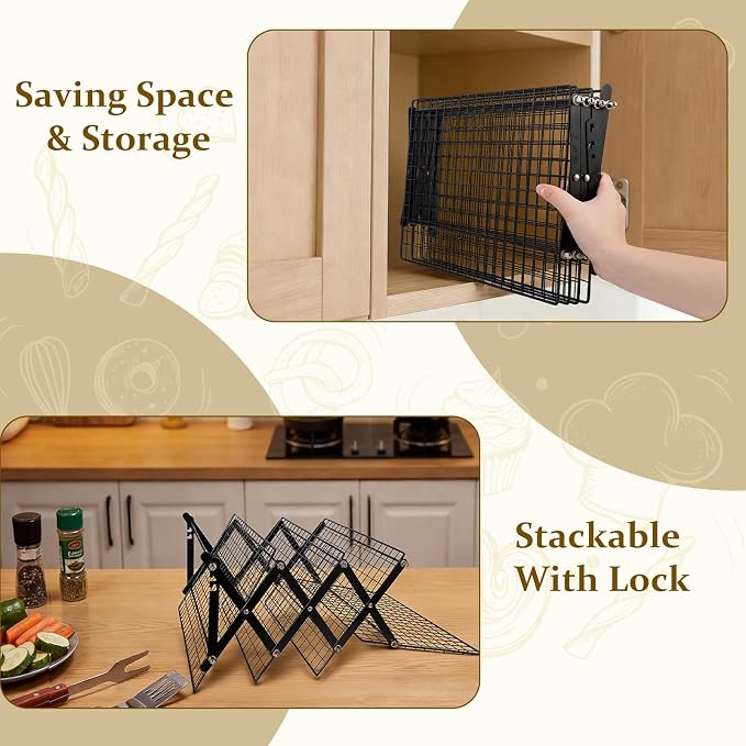 4 Tier Collapsible Cooling Rack, Adjustable Stackable Stainless Steel Baking Rack with Leak-Proof Mesh & X-Shaped Structure, Dishwasher Safe for Cookies, Bread, Pastries
