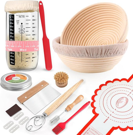 Joyyy Sourdough Starter Kit, Banneton Bread Proofing Basket, 8.5Inch Proofing Basket for Baking, Banneton Bread Baking Gift Set, Sourdough Bread Baking Supplies (Pink)