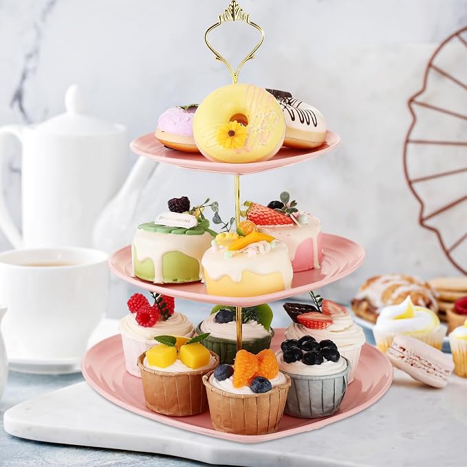 Layhit 1 Pack Wedding 3 Tier Cupcake Stand Heart Shaped 3 Tiered Serving Trays for Party Plastic Tray Dessert Cupcake Stand for Tea Party Baby Shower Wedding (Pink)