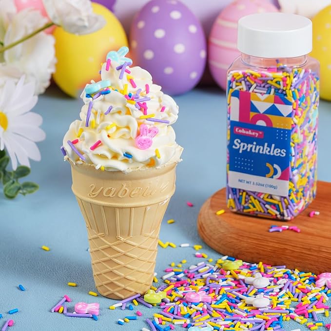 Easter Sprinkles for Cake Decorating, Pastel Bunny Rabbit Shaped Sprinkles with Pink Blue Purple Jimmies, Edible Spring Sprinkles Mix for Easter Baking, Ice Cream, Cookies, Cupcake Topper, 3.5oz