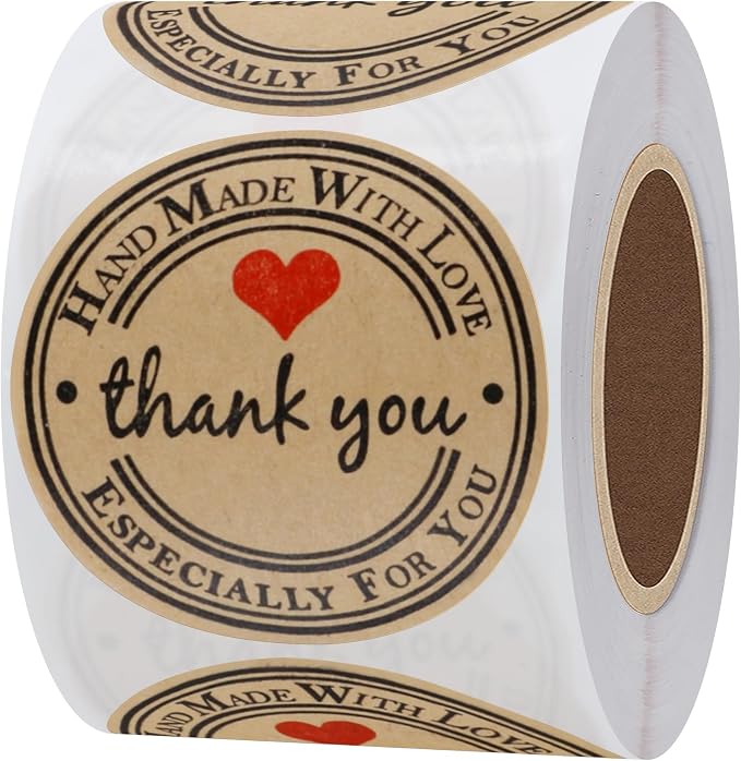Hybsk Kraft Thank You Hand Made with Love with Red Heart Stickers 2 Inch Round Total 300 Adhesive Labels Per Roll