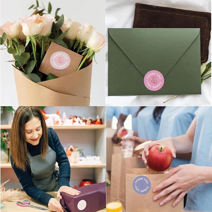 500PCS Thank You Stickers, 1Inch Small Thank You Sticker for Small Business Packaging Roll 8 Colorful Round Labels Stickers for Baking Envelope Seals Gift Wrap Birthday Party Favors (Purple Rose)