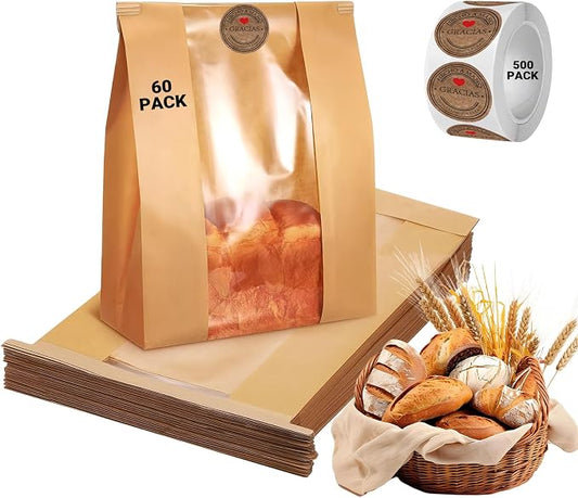 Sourdough Bread Bags with Tin Tie Lock - 60 Pack 13.8x3.5x8.2 Inch Paper Bread Bags for Homemade Bread Cookie Bags with Clear Window 500 Labels Bakery Bags for Bread Storage Baked Goods Packaging