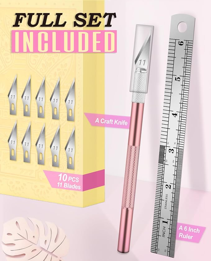 DIYSELF 1 Pcs Craft Hobby Knife Exacto Knife with 11 Pcs Stainless Steel Blade Kit, 1pcs Steel 15CM Ruler for Art, Scrapbooking, Stencil (Pink)